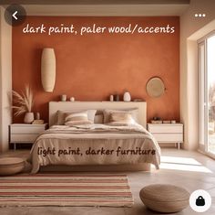 a bed room with a neatly made bed and an orange wall above it that says dark paint, peter wood accents