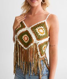 Be Divine Floral Square Cropped Tank Top - One Size - Green , Women's Beige Open weave crochet v-neck fringe tank Bust measures 36 Body length 12 1/2 One size fits most. Layering piece(s) and/or accessories sold separately.. 100% Acrylic. Machine wash cold. Do not bleach. Tumble dry low. Iron low. Dry clean.. Measurements: Bust -Fullest part of bust with arms at sides. Waist -Circumference of natural waist: above belly button below rib cage. Hips -Standing with feet together fullest part of hips Summer V-neck Tops With Fringe, Summer V-neck Top With Fringe, Summer V-neck Tops With Fringe Details, Bohemian Fringe Tank Top For Vacation, Bohemian Cotton Crochet Cami Top, Spring Cotton Crochet Top With Fringe, Spring Casual Crochet Top With Fringe, Spring Vacation Crop Top With Fringe, Casual Spring Crochet Top With Fringe