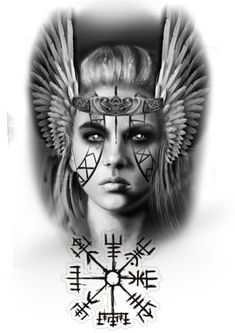 a drawing of a woman with wings on her head and symbols around her face, in black and white