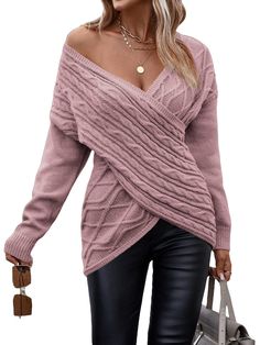 PRICES MAY VARY. Design & Aesthetic: The stylish V-neck and cross wrap front design make this the ideal date night outfit for women. Offered in an array of colors including Red Wine, Dusty Pink, Brown, and Black, it complements the trendy clothes segment perfectly. Seasonal & Versatile Wear: Positioned as one of the must-have sweaters for women during the fall and winter seasons. Its versatile design can be styled as an off the shoulder sweater or worn traditionally, allowing adaptability in you Elegant Sweater, Girls Jumpers, Slim Sweater, Sweater Women's, Knitting Women Sweater, Casual Sweaters, Outfit Casual, Color Khaki, V Neck Tops