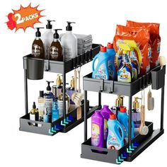 two black shelves holding different types of cleaning products and soaps on top of each other