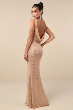 Tan Mermaid Maxi Dress - Mesh Rhinestone Dress - Cowl Back Dress - Lulus Mesh Rhinestone Dress, Rhinestone Dresses, Cowl Back Dress, Mermaid Maxi Dress, Adhesive Bra, Rhinestone Dress, Sparkly Dress, Dresses Backless, Back Dress