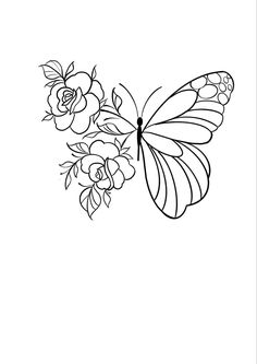 a black and white drawing of a butterfly with flowers