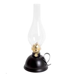 an old fashioned oil lamp with a black base and gold trimmings on the top