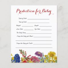 a baby shower request card with flowers on the front and bottom, in red ink