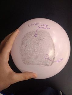 a person holding a pink balloon with a fingerprint on it