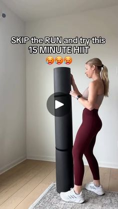 a woman standing next to a tall black object on top of a wooden floor with the words skip the run and try this 15 minute hit