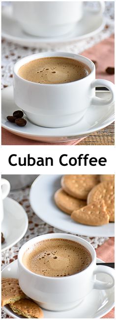 there are two pictures of coffee and cookies on the table with text above it that says cuban coffee