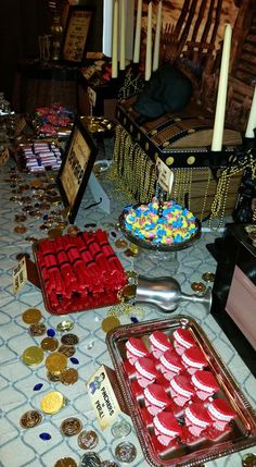 the table is covered with candy and other items