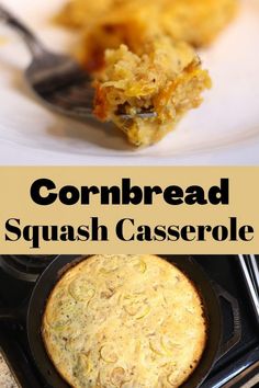 cornbread squash casserole in a cast iron skillet with a fork on the side