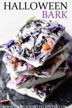 three halloween bark bars stacked on top of each other