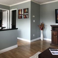 a living room with hard wood floors and gray walls