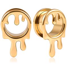 two pairs of gold earrings with dripping drops on the front and back of each ear