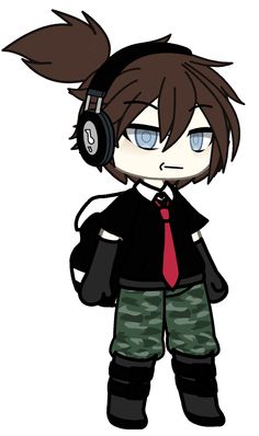 an anime character with headphones and a tie, wearing green pants and black shirt