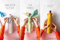 three pictures showing how to make a tea towel holder out of fabric and paper towels