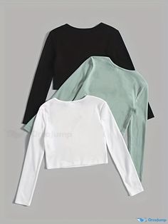 Orcajump - Solid Squared Neck T-shirt 3 Pack, Casual Long Sleeve Versatile T-shirt, Women's Clothing Basic Solid Tops With Graphic Print, Basic Solid Color Tops With Graphic Print, Fitted Solid Tops With Letter Print, Long Sleeve Graphic Print T-shirt, Green Stretch Tops With Letter Print, Fitted Long Sleeve Graphic Tee, T Shirt Women, Square Neck, Neck T Shirt