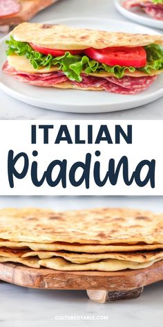 flatbread in a stack, also one made into a sandwich Italian Flat Bread Recipe, Piadina Recipe, Italian Flat Bread, Italian Flatbread, Yeast Roll, No Yeast Bread, Flatbread Recipe, Tasty Bread Recipe, Flat Breads