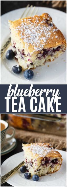 blueberry tea cake with powdered sugar on top is shown in two different photos