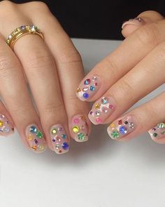 Gem Nail Designs, Nail Gems, Confetti Nails, Makeup Nails Designs, 2024 Nails, Sassy Nails, Korean Nails