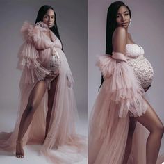 the pregnant woman is posing in her pink gown