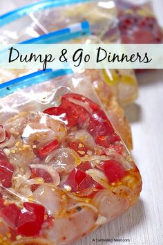 there are some food wrapped in plastic bags on the table with text overlay that says dump & go dinners