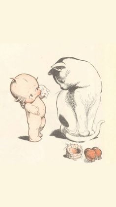 a drawing of a cat and a baby standing next to each other with food on the ground