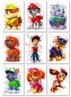 the paw patrol characters are depicted in this set of four different pictures, each with their own character