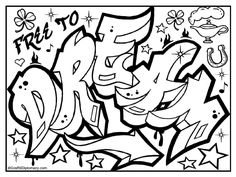 graffiti coloring pages for kids with black and white ink on the bottom, stars in the middle