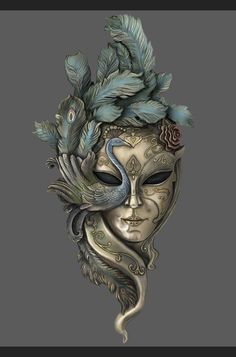 a mask with feathers on it and a flower in the middle, as well as a bird