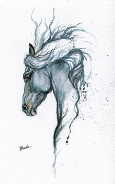 a drawing of a white horse with long manes and tail blowing in the wind