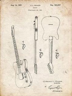 an old drawing of a guitar and other musical instruments