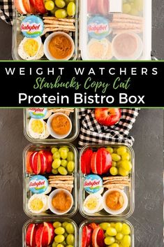 the contents of a meal in containers with text overlay that reads weight watchers starbucks copy cat protein bistro box