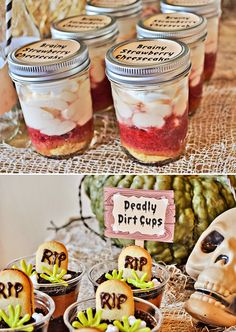 there are many desserts in glass jars on the table and one is decorated with skulls