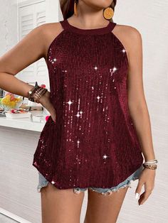 Plus Size Sleeveless Glitter Sequin Halter Blouse, Suitable For Party And Gathering Burgundy Casual  Sleeveless Fabric Colorblock,Plain,All Over Print Top Non-Stretch  Women Plus Clothing, size features are:Bust: ,Length: ,Sleeve Length: Plaid Skirt Set, Plus Size Summer Fashion, Halter Blouse, Sequin Halter, Girls Denim, Wide Leg Denim, Square Scarf, Casual Fall, Print Top