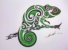 a drawing of a chamelon on a branch with swirls and spirals