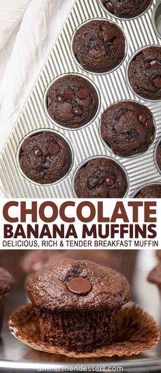 chocolate banana muffins on a plate with the title in the middle and bottom