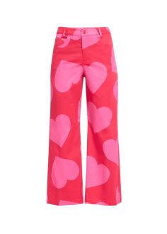 "Find LIBERTINE Pinky Red Heart Cropped Wide Leg Pants on Editorialist. Libertine \"Pinky\" pants in red heart print Cropped fit Mid rise sits high on hip Wide legs Fivepocket style Button/zip fly; belt loops Cotton/elastane Dry clean Made in USA" Pink Heart Print Bottoms For Spring, Pink Bottoms For Valentine's Day, Pink Heart Print Bottoms For Summer, Trendy Pink Bottoms With Heart Print, Trendy Pink Heart Print Bottoms, Fitted Pink Bottoms With Heart Print, Trendy Heart Print Summer Bottoms, Trendy Summer Bottoms With Heart Print, Trendy Heart Print Bottoms For Spring