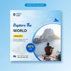 an advertisement for travel company with a man sitting on the cliff