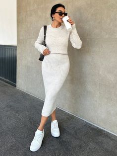 Women Solid Color Round Neck Long Sleeve Knitted Sweater And Long Knit A-Line Skirt 2-Piece Set, Autumn/Winter Beige Elegant    Plain Skirt Medium Stretch  Women Clothing, size features are:Bust: ,Length: ,Sleeve Length: Knitted Skirt Outfit Summer, Tricotin Long, Knit Skirt Outfit, Skirt Outfit Summer, Plain Skirt, Bodycon Sweater, Bodycon Sweater Dress, White Sneakers Women, Long Sleeve Knit Sweaters