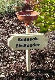 a bird feeder sitting on top of a wooden sign