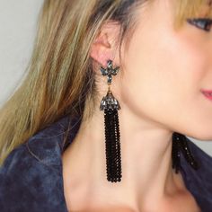 Bella Shine Tassel Earrings- Black – KAY K COUTURE Beaded Fringe, Crystal Stone, Less Is More, Style Guide, Tassel Earrings, Stones And Crystals, Style Guides, Tassels, Drop Earrings