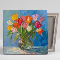 an oil painting of tulips in a vase on a blue background by a frame