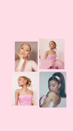 four photos of women in pink dresses and one has her hand up to her face