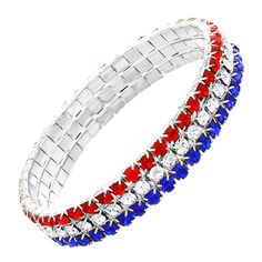 PRICES MAY VARY. Your patriotism is on full display with this sparkling red, white and blue glass crystal American flag colors rhinestone bracelet! Glittering crystals catch the light beautifully, adding major sparkle, making this bracelet spectacular! With this trendy bracelet your'll be the most stylish person at the voting polls! Stretch bracelet measures 0.34 inch or 8.6mm wide and the opening is 2.5 inch diameter before stretching; fits most small to large wrists. Stylish and simple design Patriotic Bracelet, Patriotic Jewelry, Usa Jewelry, Trendy Bracelets, Moms Bracelet, Rhinestone Bracelet, Large Crystals, Blue Rhinestones, Clear Rhinestones