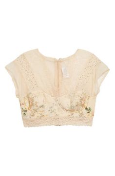 A faded floral print lends a vintage-inspired feel to this cropped silk top designed with corset-inspired cups and crystal-embellished lace. 15" length (size Medium) Exposed back-zip closure Jewel neck Cap sleeves Partially lined 100% silk with 100% nylon contrast Dry clean Imported Designer Clothing Vintage Lace Trim Corset For Spring, Spring Lace Tops With Boned Bodice, Summer Lace Tops With Boned Bodice, Spring Fitted Bodice Cropped Crop Top, Spring Crop Top With Fitted Bodice, Fitted Silk Crop Top For Spring, Fitted Vintage Floral Print Crop Top, Vintage Cropped Top With Lace Trim, Silk Top Designs