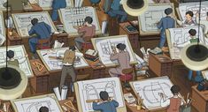 many people are working on drawings in an art class, and one person is holding a trumpet