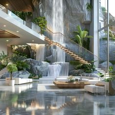 a living room filled with lots of furniture and a waterfall in the middle of it