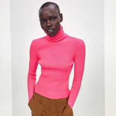 Zara Ribbed Turtleneck Sweater In Neon Pink.....Size S. Soft Super Stretch Ribbed Knit; 100% Polyamide. High Turtleneck Collar. Long Sleeves. Fitted. Pit To Pit 12". Length About 19.5". New With Tag. Y High Stretch Pink Winter Top, High Stretch Pink Top For Winter, High Stretch Ribbed Pink Top, Chic Pink Turtleneck Top, Pink Ribbed High Neck Top, Pink Fitted Fine Knit Top, Fitted Pink Turtleneck Top, Zara Ribbed Stretch Sweater, Zara Fitted Ribbed Sweater