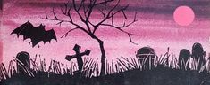 a painting of a graveyard with bats and tombstones in front of a pink sky