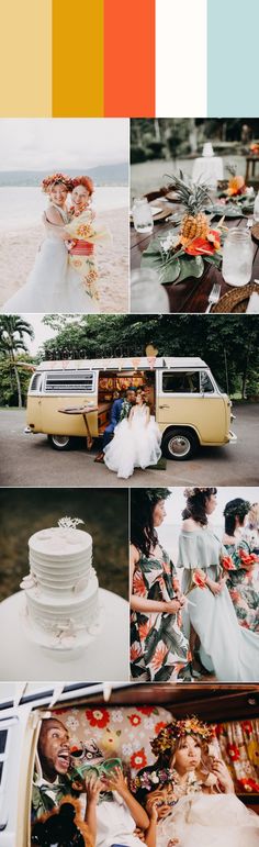 a collage of wedding photos with an old vw bus